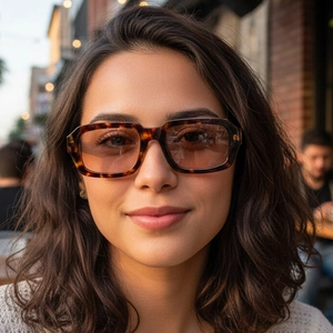 Retro Rechteck Sonnenbrille in Schildpatt-Optik mit braunen Gläsern am Modell getragen