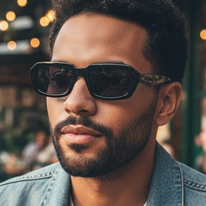 Modische schwarze quadratische Sonnenbrille für Herren mit strukturierten Bügeln im Freien