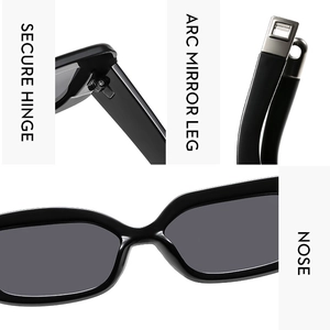 Detailansicht der schwarzen quadratischen Sonnenbrille mit Metallscharnieren und Nasenpads