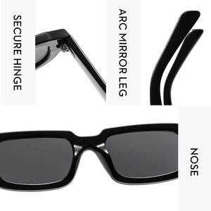 Detailansicht der quadratischen Sonnenbrille mit Metallscharnieren und ergonomischen Bügeln