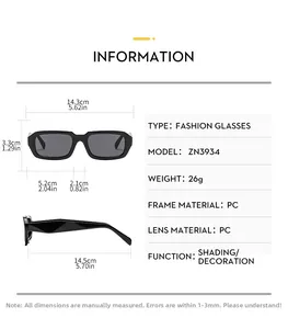 Detaillierte Maße der Retro-Sonnenbrille mit Rahmenbreite und PC-Material-Spezifikationen