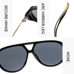 Detail of pilot sunglasses featuring golden metal temples and secure hinge structure