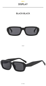 Vorder- und Seitenansicht der klassischen schwarzen rechteckigen Oversize-Sonnenbrille
