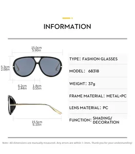 Detailed size guide for oversized aviator sunglasses showing frame and lens dimensions