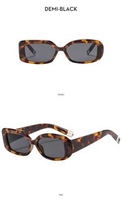 Detailsicht der schildpattfarbenen quadratischen Sonnenbrille mit Front- und Seitenansicht