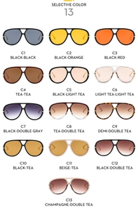 Detailed grid of oversized aviator sunglasses in 13 color options with premium lenses