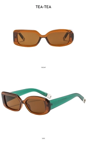 Vorder- und Seitenansicht der Retro-Rechteck-Sonnenbrille mit teebraunem Rahmen