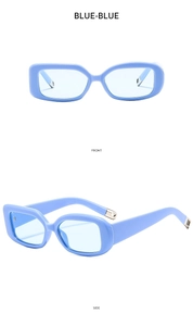 Front- und Seitenansicht der trendigen hellblauen rechteckigen Sonnenbrille im Y2K-Stil