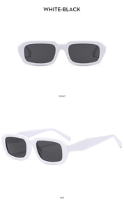 Vorder- und Seitenansicht der rechteckigen Retro-Sonnenbrille mit weißem Rahmen