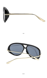 Side and back view of oversized pilot sunglasses with black frames and gold metal temples