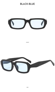 Vorder- und Seitenansicht der trendigen schwarzen Rechteck-Sonnenbrille mit hellblauen Gläsern