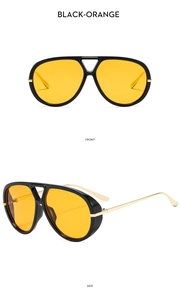 Front and side view of retro oversized aviator sunglasses with orange lenses and gold arms