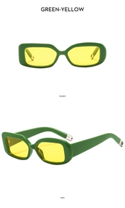 Vorder- und Seitenansicht der Vintage-Sonnenbrille in Grün mit gelben Gläsern im Retro-Stil