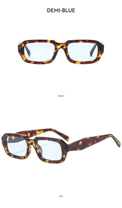 Vorder- und Seitenansicht der Vintage-Rechteck-Sonnenbrille in Schildpatt mit blauen Gläsern