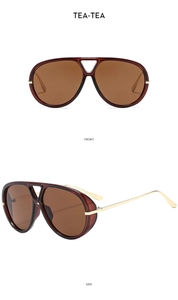 Front and side views of oversized aviator sunglasses with tea lenses and gold metal temples