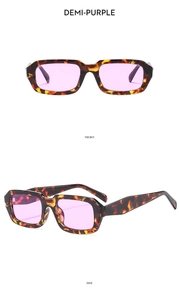 Vorder- und Seitenansicht der Retro-Rechteck-Sonnenbrille mit lila Gläsern und Schildpatt