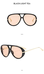 Front and side views of black pilot sunglasses with gold temples and tea lenses