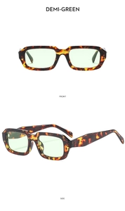 Vorder- und Seitenansicht der rechteckigen Vintage-Sonnenbrille in Schildpatt-Grün