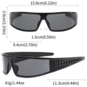 Detailansicht der schwarzen Y2K Sportsonnenbrille mit gewebtem Bügeldesign und Abmessungen