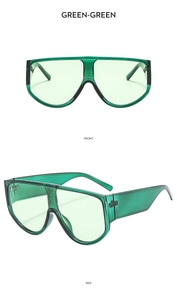 Vorder- und Seitenansicht der übergroßen einteiligen grünen Sonnenbrille mit Kunststoffrahmen