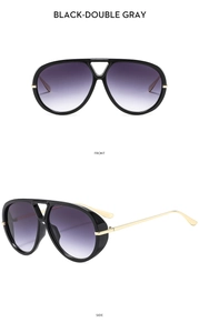 Front and side views of black pilot sunglasses with double bridge and gold temples