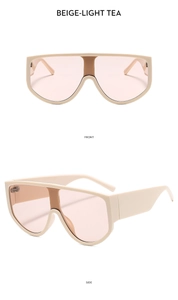 Front- und Seitenansicht der beigefarbenen Oversize-Einteiler-Sonnenbrille mit hellem Tee-Glas