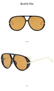 Front and side views of black-tea pilot sunglasses with thick frames and gold metal temples