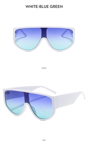 Front- und Seitenansicht der weißen Oversized-Schildsonnenbrille mit blau-grünem Farbverlauf