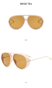 Front and side views of beige-tea sunglasses with gold metal temples and thick frame