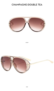 Front and side view of champagne pilot sunglasses with golden metal temples and tea lenses