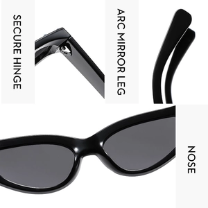 Details von verstärkten Scharnieren und gebogenen Bügeln der schwarzen Cat-Eye-Brille