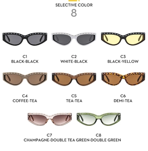 Acht Farboptionen der trendigen Strass-Cateye-Sonnenbrille mit schmalem Rahmen