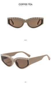 Detaillierte Vorder- und Seitenansicht der khakifarbenen Katzenaugen-Sonnenbrille mit Perlen