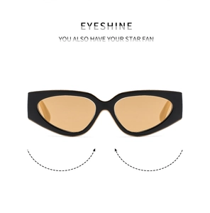 Macro detail of geometric cat-eye sunglasses with black frames and amber lenses