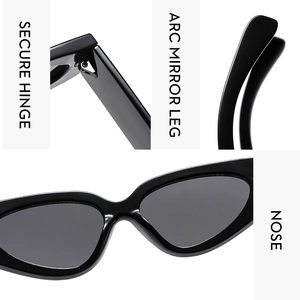 Detail view of reinforced hinges and curved temples on fashion cat-eye sunglasses