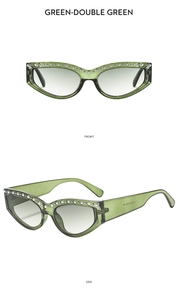 Front- und Seitenansicht der grünen Cat-Eye-Sonnenbrille mit luxuriösem Strass-Brauen-Detail