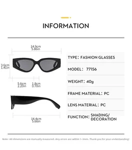 Size chart showing cat eye sunglasses dimensions 14.9cm width and PC material specs