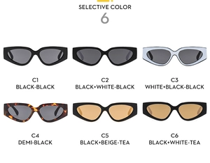 Six selective color options for trendy narrow cat-eye sunglasses in a professional display