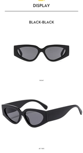 Front and side view of trendy black cat-eye sunglasses with wide temple design