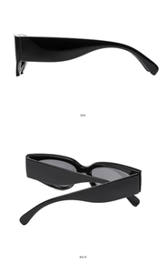 Side and back view of fashion cat eye sunglasses with glossy black thick frames