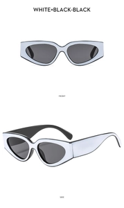 Detailed front and side views of stylish cat-eye sunglasses in white and black