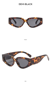 Detailed front and side views of tortoise shell cat eye sunglasses in demi-black