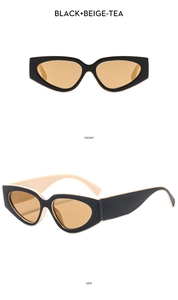 Front and side views of cat-eye sunglasses in black and beige frame with tea lenses