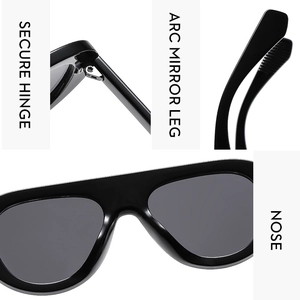 Vues détaillées des lunettes avec charnières solides, branches en arc et plaquettes