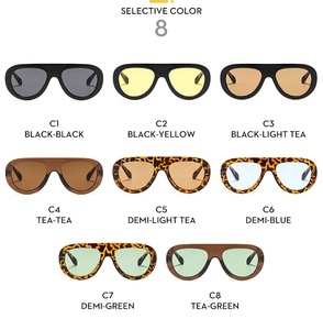Collection de lunettes de soleil shield oversize en huit coloris sur fond blanc
