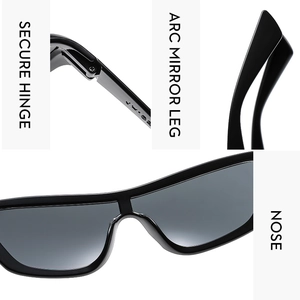 Detail view of secure metal hinges, arc mirror legs and comfortable nose pads on Y2K sunglasses