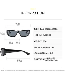 Size guide for Y2K outdoor cycling sunglasses with precise frame dimensions and material info