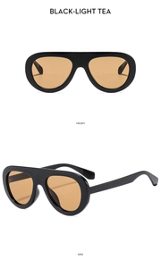 Vues avant et latérale de lunettes de soleil rétro à monture noire et verres thé