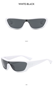 Front and side view of Y2K white-black sports sunglasses with wide temples
