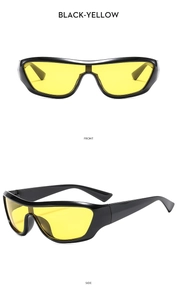 Front and side view of Y2K cycling sunglasses with black frame and yellow lenses